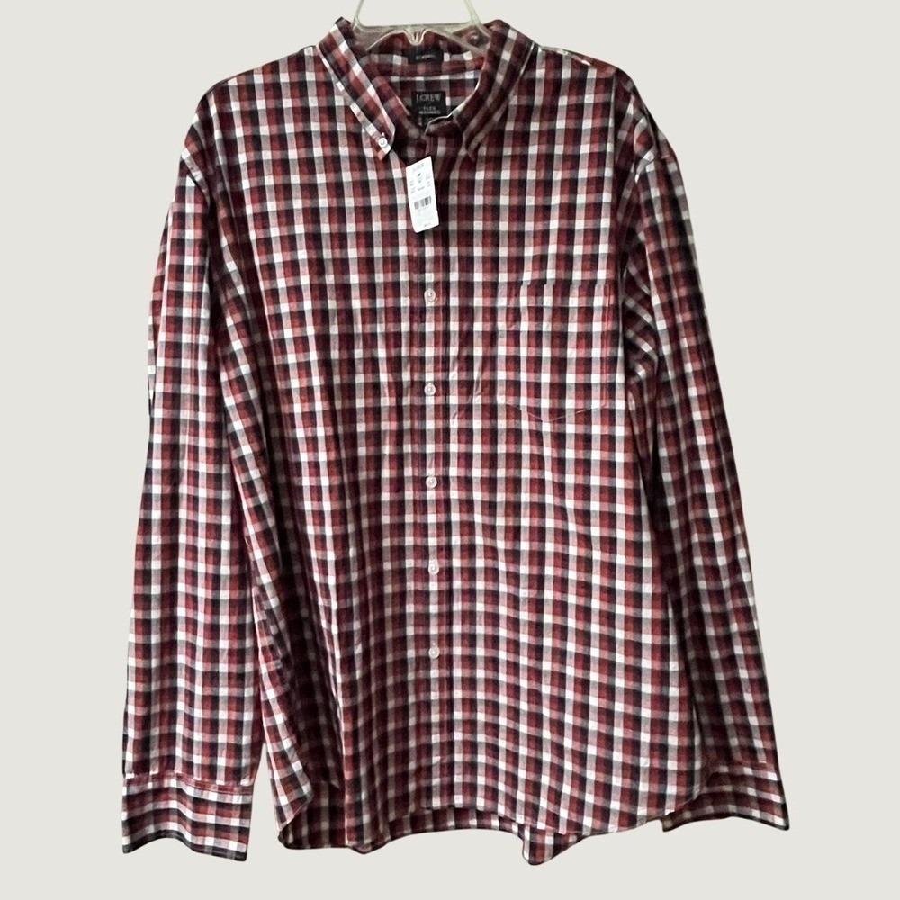 J Crew Long Sleeve Plaid Button Down Shirt Mens XXL Red Navy Flex Preppy NWT